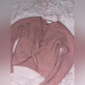 pink knit long sleeve with pearls , size xs ( one pearl missing )